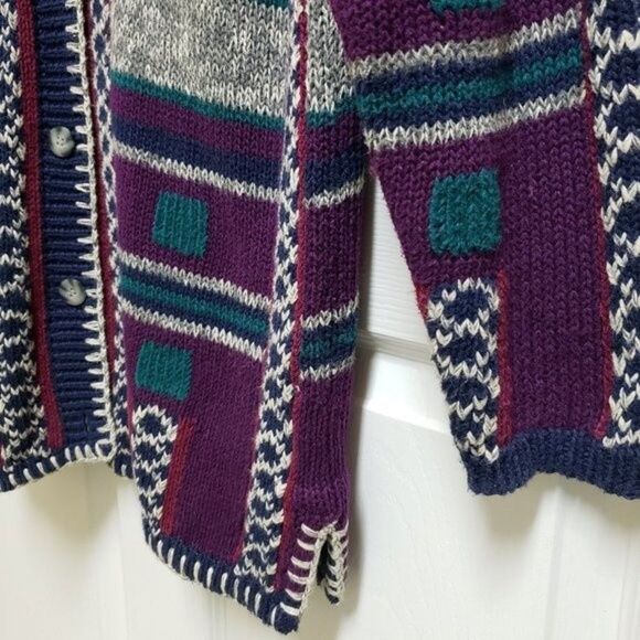 Gina Peters Sweater Women M Purple Gray Stripe Knit Cardigan Button Whipstitch - Picture 5 of 8